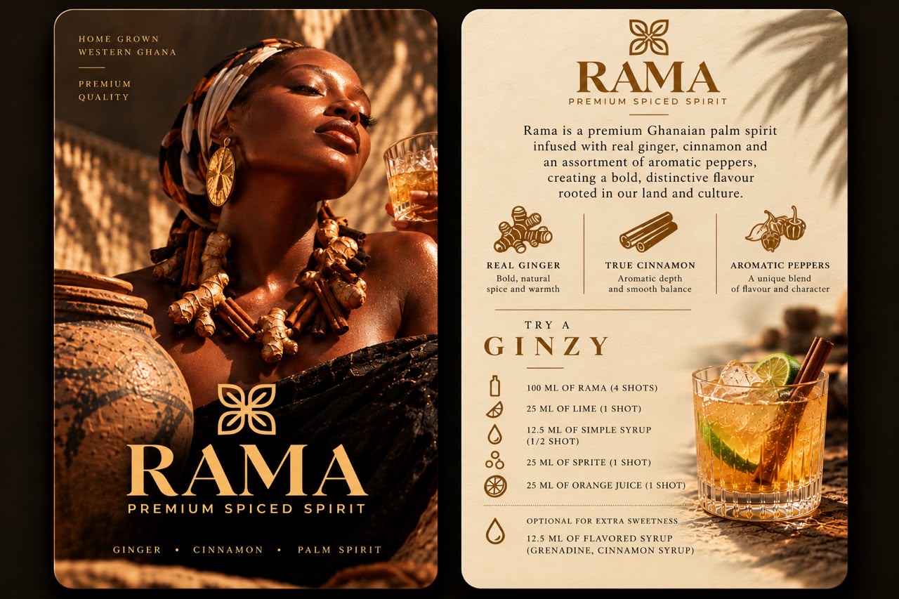 Rama campaign portrait with a golden drink in hand